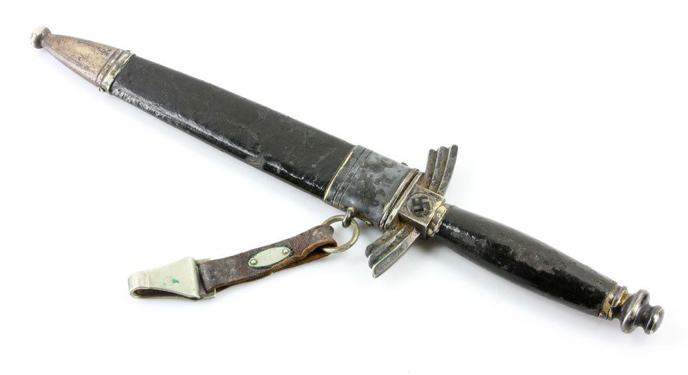 World War II Gebruder Heller Nazi Dagger: World War II German Nazi dagger, by Gebruder Heller of Marienthal, with scabbard and belt clip, 13 1/2" l. Provenance: From a Revere, Massachusetts estate.
