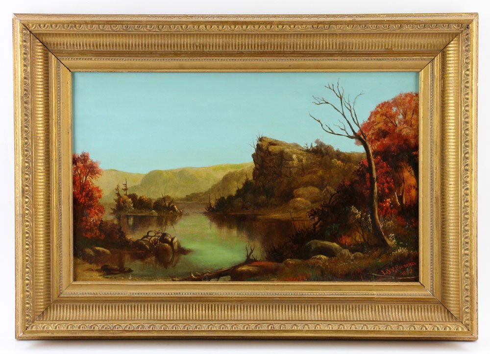 Prentice, Landscape, Oil on Canvas: Levi Wells Prentice (American, 1851-1935), landscape, oil on canvas, signed and dated "1872" lower right; 9 3/4" h x 16" w (view), 14 3/8" h x 20 1/2" w (frame).