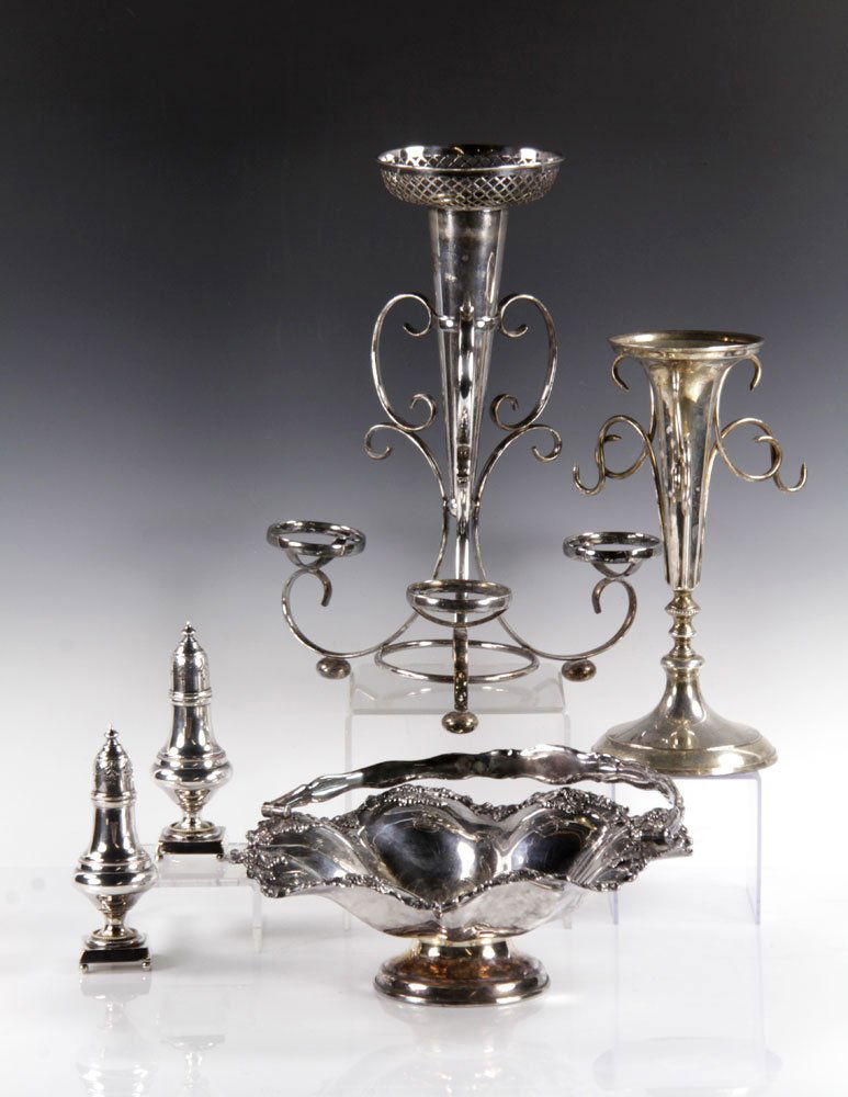 Lot of Victorian Silver Plate Items: Lot of four Victorian silver plate items, to include: two epergnes, one bride's basket and one set of salt and pepper shakers.