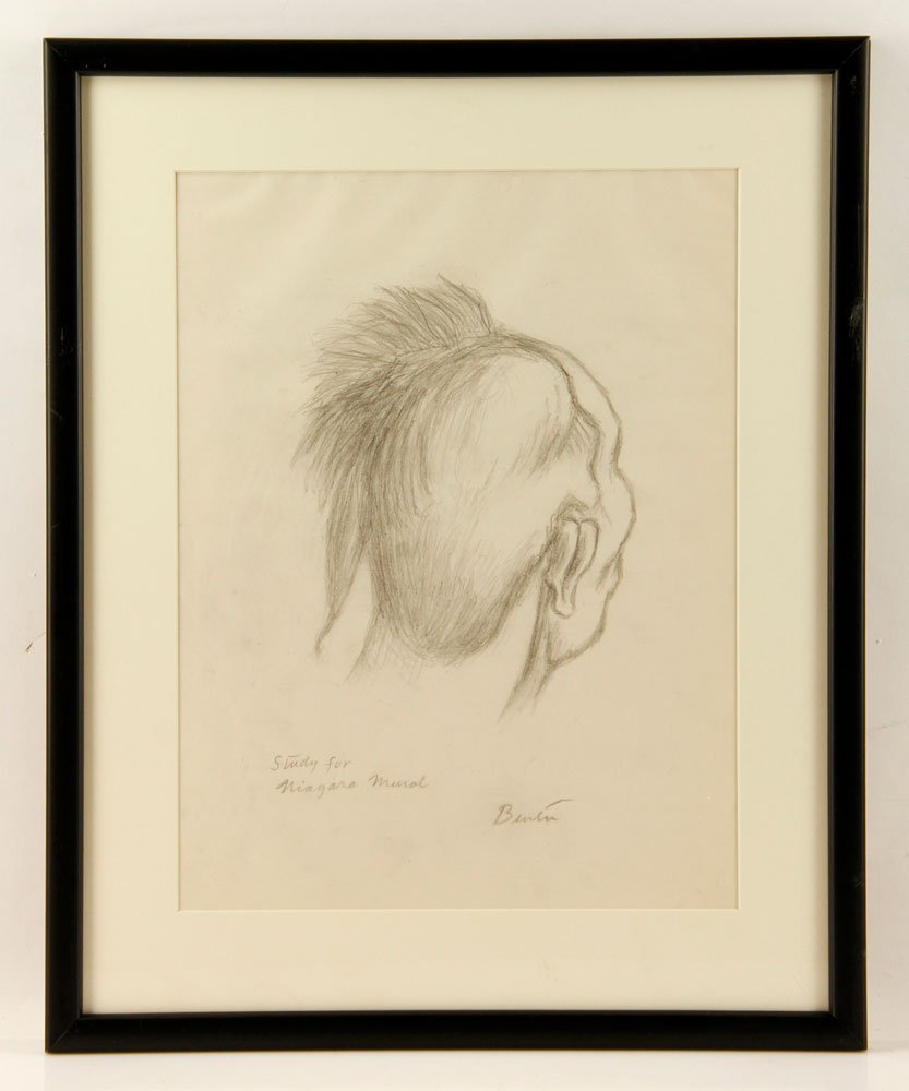 Attr. Benton, Study for Niagara Mural, Pencil: Attributed to Thomas Hart Benton, study for Niagara, New York mural, graphite pencil on paper, signed "Benton" and dated 1960, 15 1/2" h x 12" w (view), 21" h x 17" w (frame).