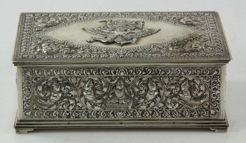 Silver Cigarette Box: Cigarette box, .900 silver, 2 5/8" h x 7" w x 4 1/4" d, approximately 21.4 troy oz TW (including wood liner).