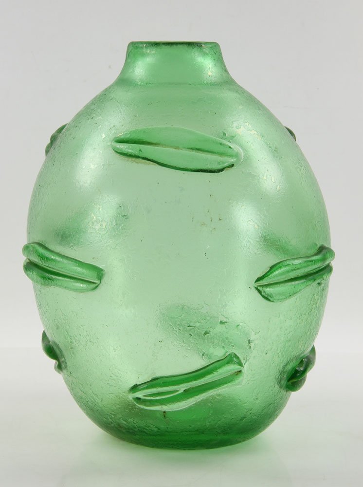 Scarpa Corroso a Rilievi Vase: Carlo Scarpa (Italian, 1906–1978) for Venini "Corroso a Rilievi" vase, hand-blown glass with acid etched surface and applied decoration, acid signed "Venini Murano," circa 1935, 13" h x 9" dia.