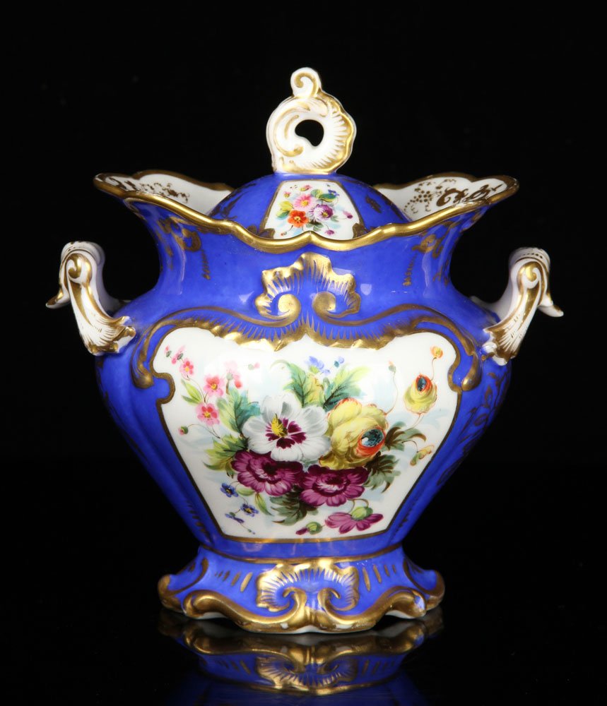 Russian Garniture Covered Jar: Russian garniture covered jar, porcelain, hand-painted blue with floral motif and gilt accents, 6 1/2" h.