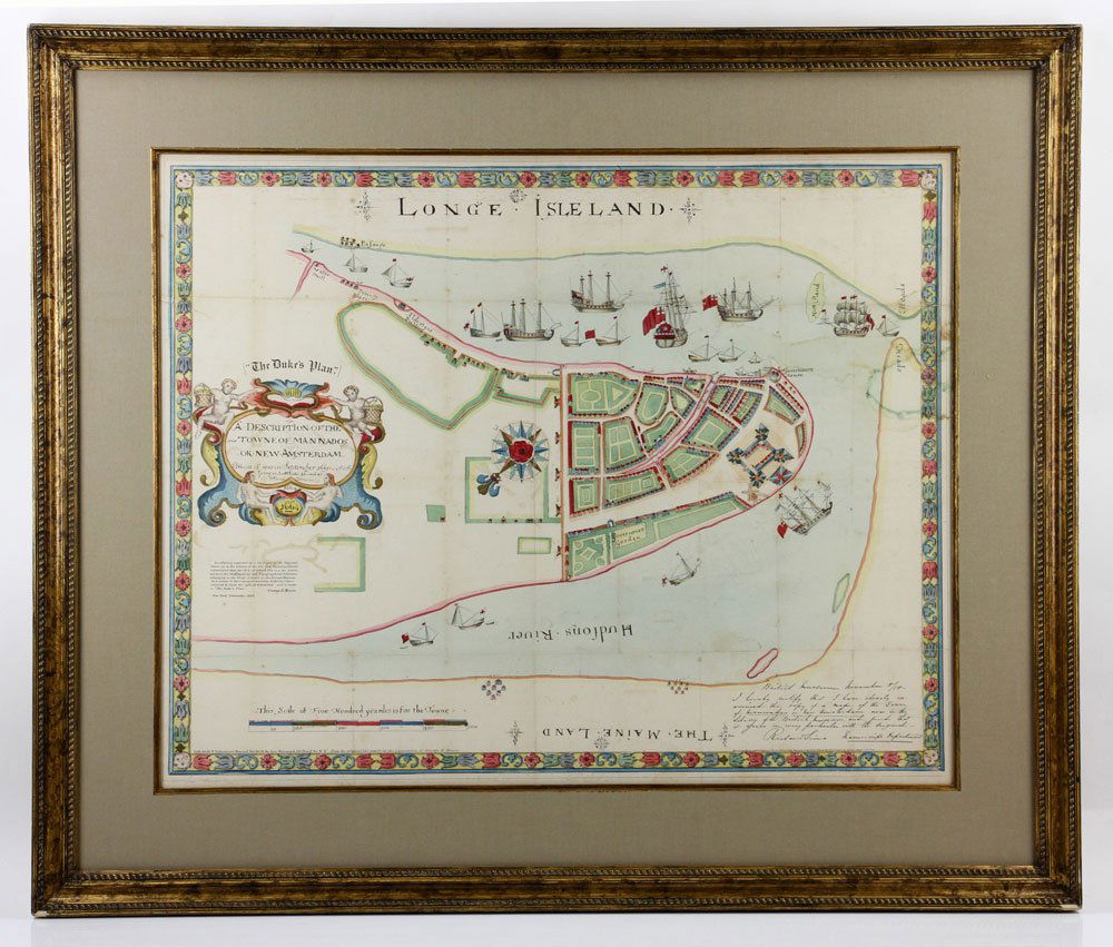 1654 Long Isleland Hand Colored Map: Map of Long Isleland, 1654, hand-colored in 1858; 22" h x 28" w (view), 31" h x 36 1/2" w (frame).