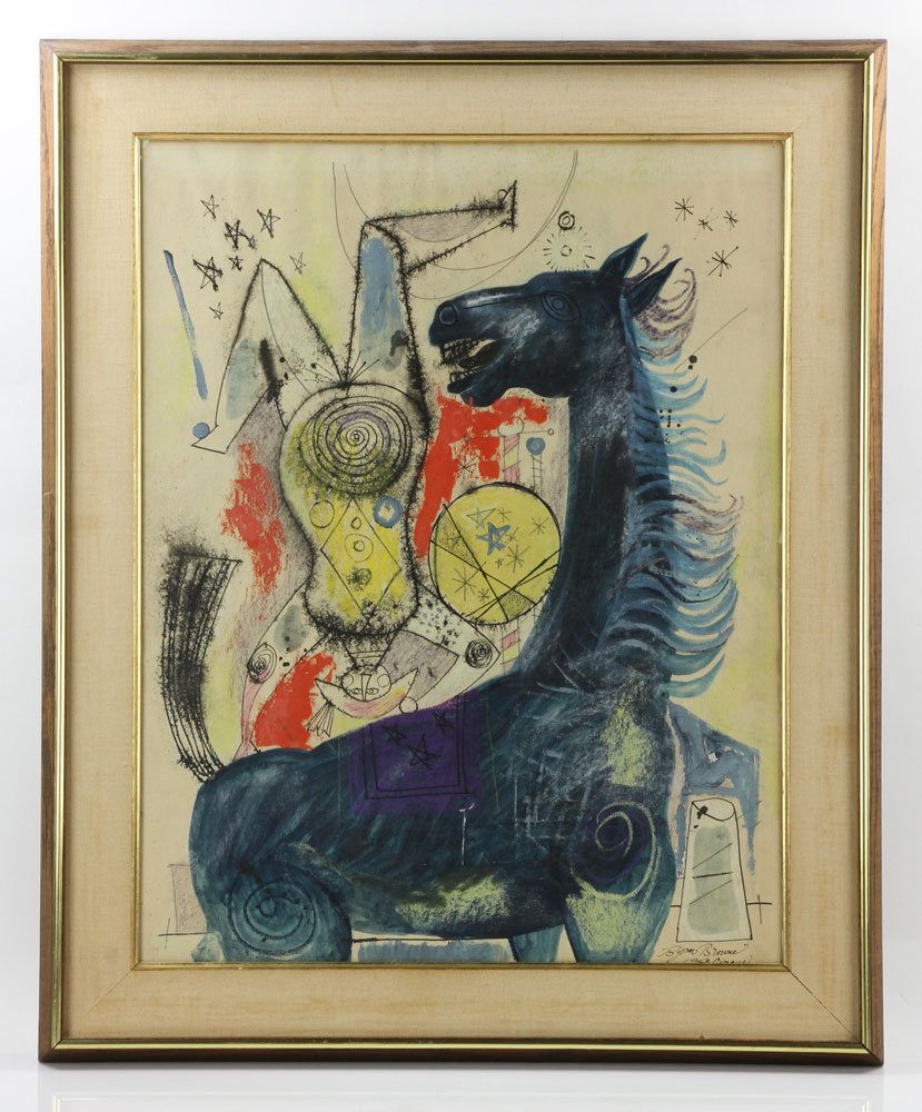 Browne, "Circus," Watercolor Gouache: Byron Browne (American, 1907-1961), "Circus," watercolor gouache, signed, titled and dated "1948" lower right; 25 1/2" h x 20" w (view), 32" h x 26" w (frame).