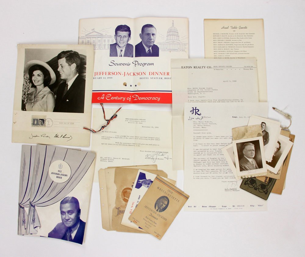 Lot of Presidential Ephemera: Lot of Presidential ephemera, including Kennedy items, specific pieces to include: 1901 Inaugural Ball program and menu, 1950s Jefferson-Jackson invitation and program, J. F. Kennedy stamp and signed 