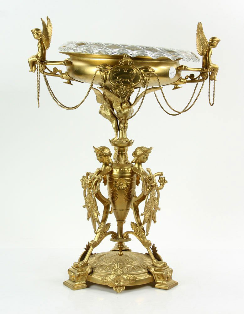 19th C. Victorian Bronzed Centerpiece Bowl: Victorian centerpiece, 19th century, bronzed metal, decorated with putti, griffons and other mythical beasts, on lion feet, with replaced glass bowl insert, 22" h x 16" dia.