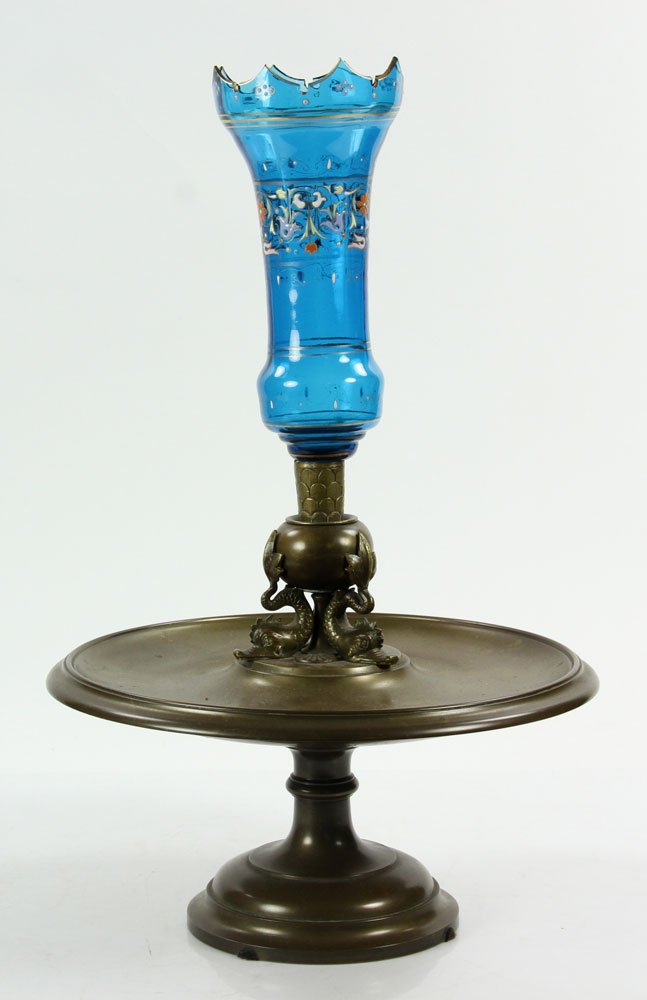 19th C. Glass Centerpiece: Glass and bronze centerpiece, 19th century, with dolphin-form pedestal base, 18" h x 11" dia.