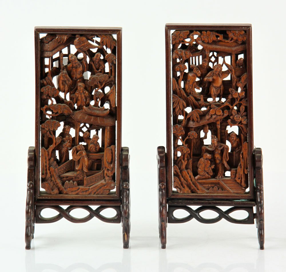 Pr. 19th C. Chinese Boxwood Carved Table Screens (1 of 9)