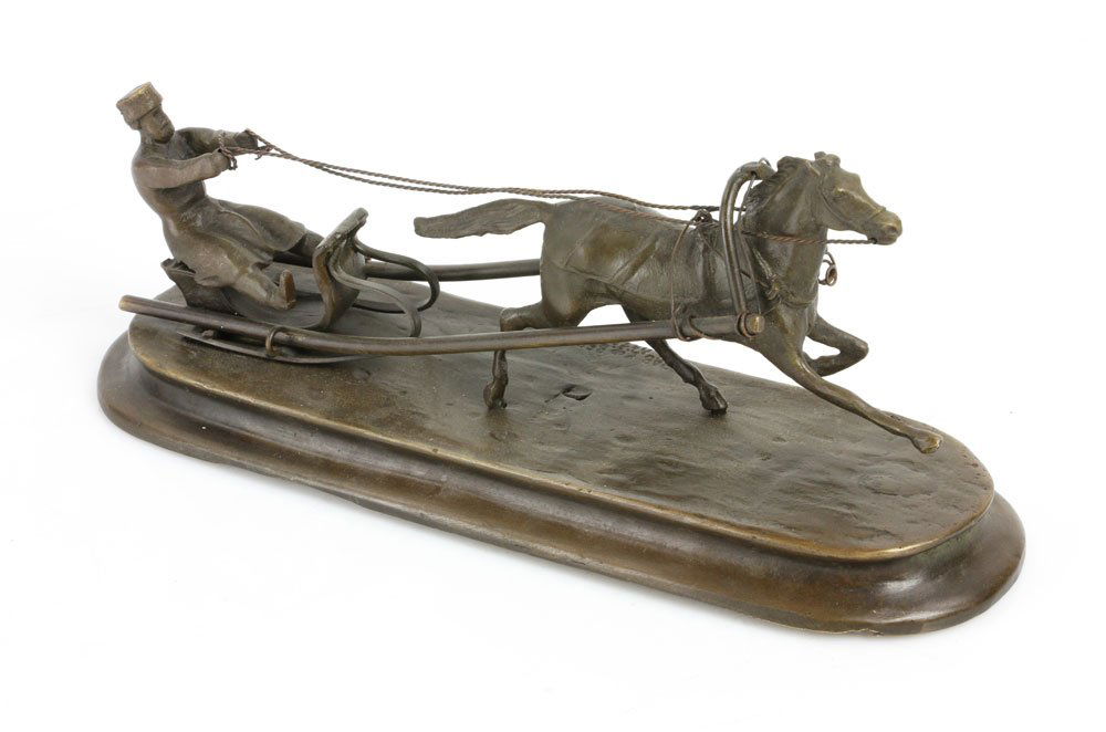 Signed Grachev, Cossack with Sleigh and Horse, Bronze: Signed Vassili Grachev in Cyrillic (Russian, 1831-1905), Cossack with sleigh and horse, bronze, 3 1/2" h x 9" w x 2 1/2" d. Provenance: From a Connecticut collection.