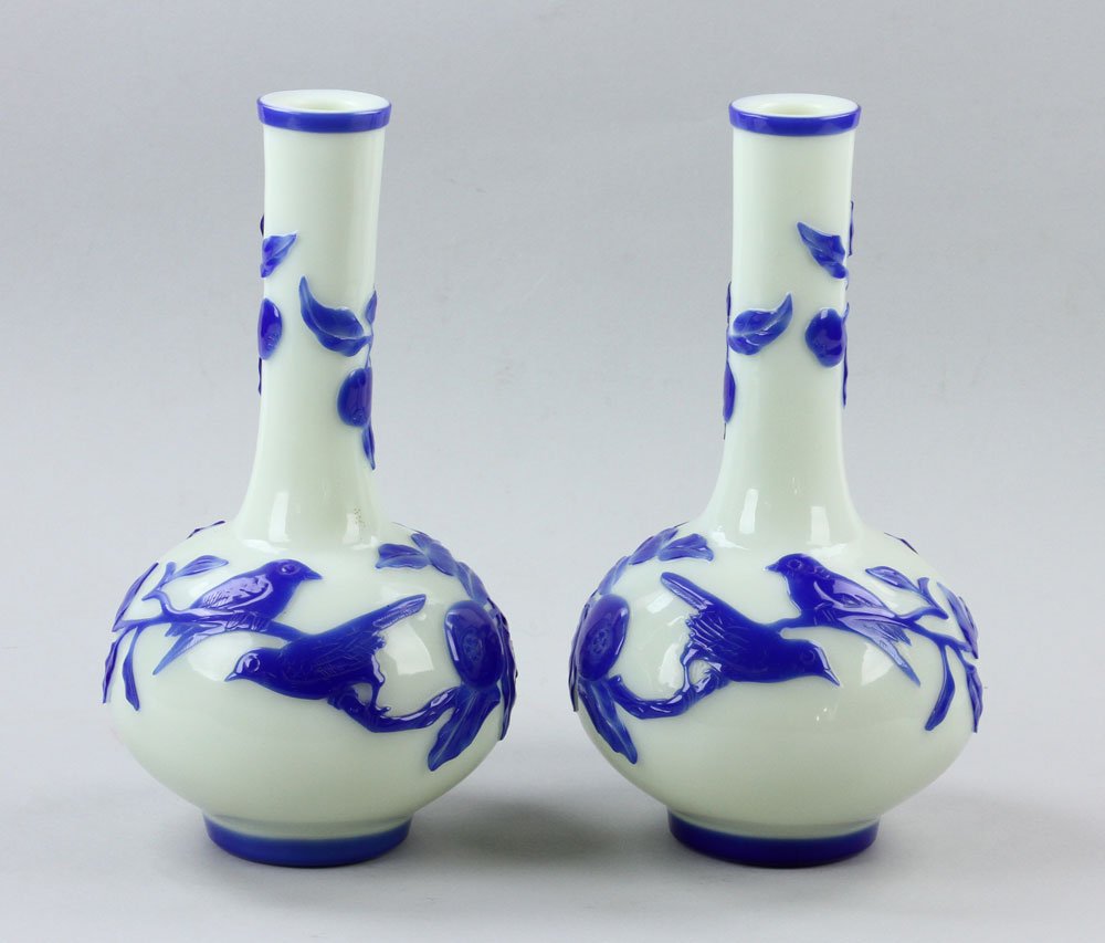 Pr. Chinese Peking Glass Blue Vases (1 of 5)