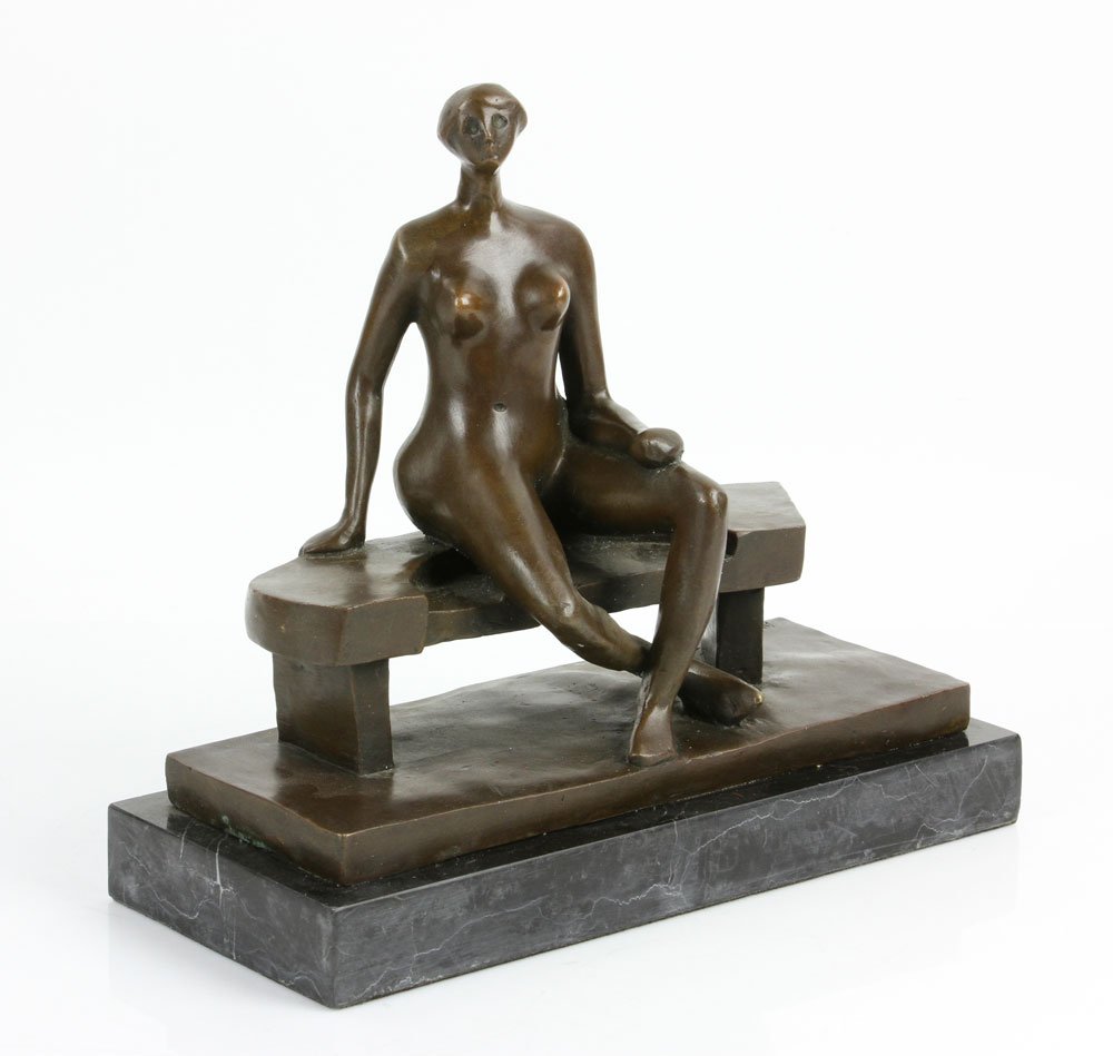 Signed Moore, Nude Lady on Bench, Bronze: Signed Moore, nude lady on bench, bronze, with foundry stamp, 8 1/2" h x 10 1/8" w x 3 7/8" d, on 1 3/16" h x 11 1/8" w x 4 3/4" d marble plinth. Provenance: From a Connecticut collection.