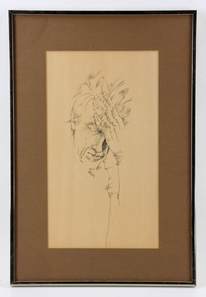 Marsh, Portrait, Pen and Ink on Paper: Reginald Marsh (American, 1898 -1954), portrait, pen and ink on paper, 16" h x 9" w (view), 22 1/4" h x 15 1/4" w (frame). Provenance: From a Massachusetts estate.