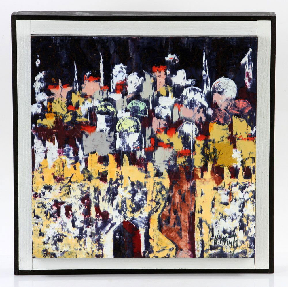 Mintz, "Abstract of Jerusalem", Oil on Board: Harry Mintz, "Abstract of Jerusalem", oil on board, signed, 11 3/4" h x 11 3/4" w (view), 13 3/4" h x 13 3/4" w (frame). Provenance: From a Florida estate.