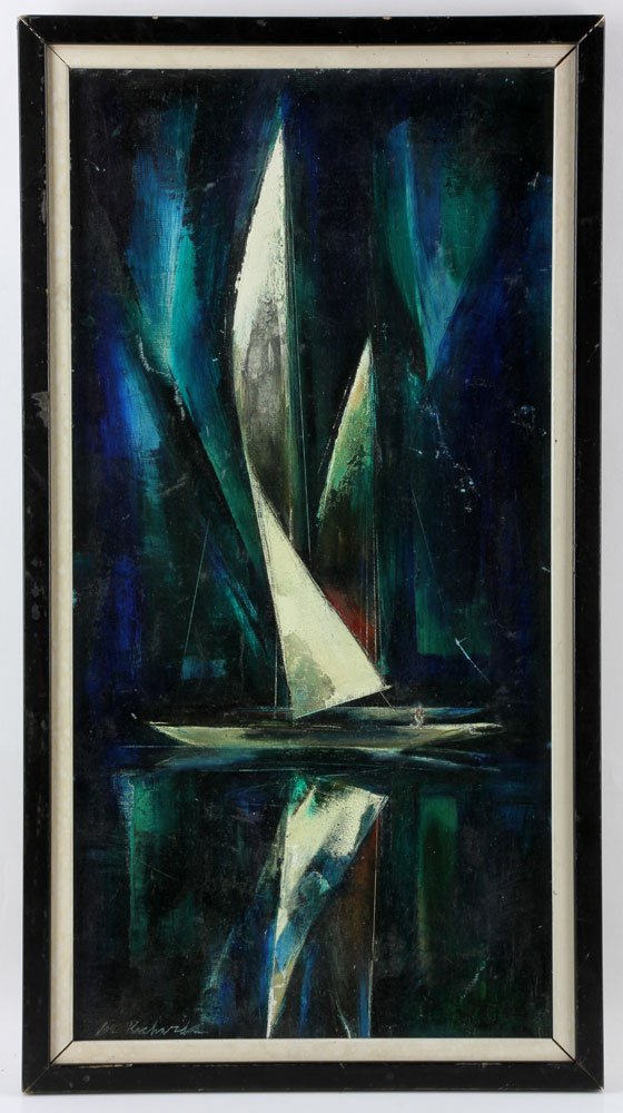Richards, "Tall Ships", Oil on Artist Board: Joe Richards, "Tall Ships", oil on artist board, signed, Labeled: Vera Lazuk Gallery, Main Street Cold Spring Harbor, Long Island. 26" h x 13" w (view), 28" h x 15" w (frame). Provenance: From a Calif