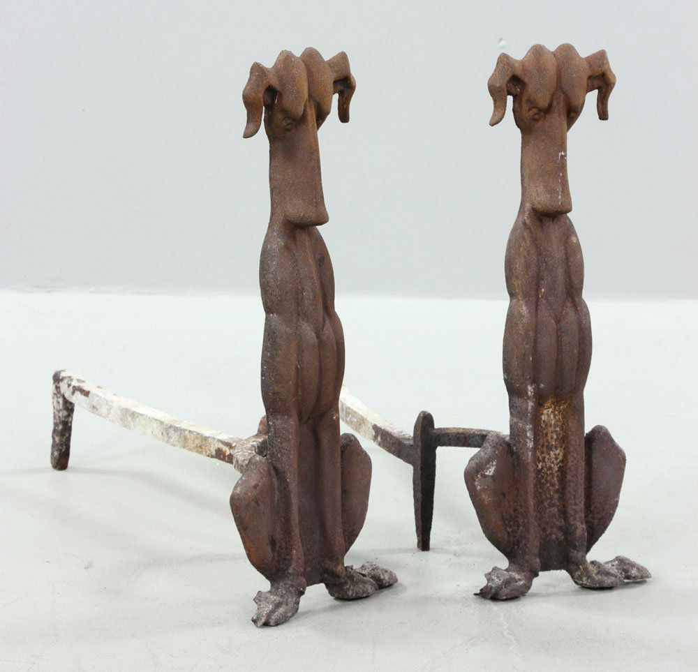 Pr. American Art Deco Cast Iron Dog Andirons (1 of 7)