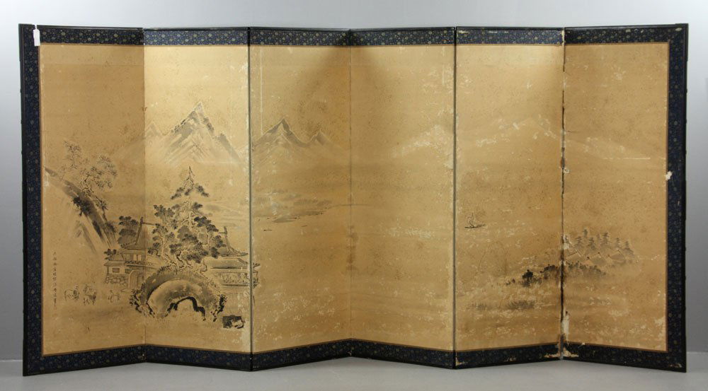 19th C. Japanese Hand Painted Six Panel Folding Screen (1 of 10)