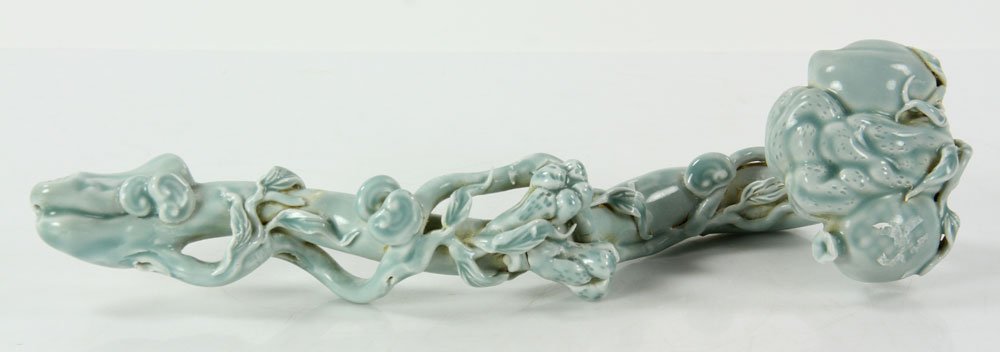 Light Blue Glaze Porcelain Ruyi Scepter: Light blue glaze porcelain ruyi sculpted scepter, early 20th century, 13" l.