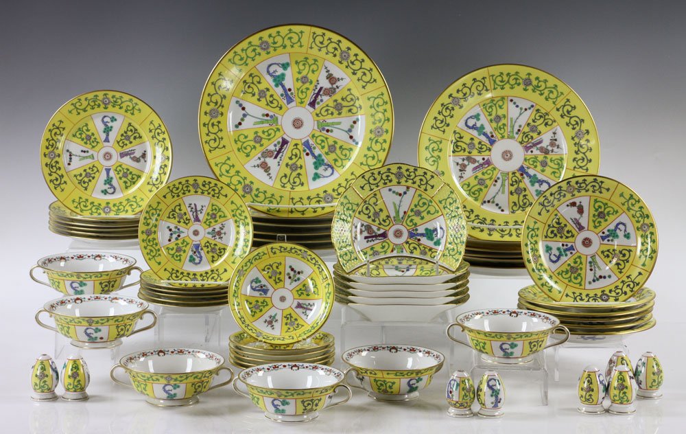 Herend "Yellow Dynasty" Dinner Service, 56 Pieces: Herend (Hungary), "Yellow Dynasty" partial dinner service, hand painted, porcelain, 56 pieces, to include: 6 plates 11" dia, 6 plates 10 1/4" dia, 6 plates 7 1/4" dia, 6 plates 6" dia, 6 crescent shap
