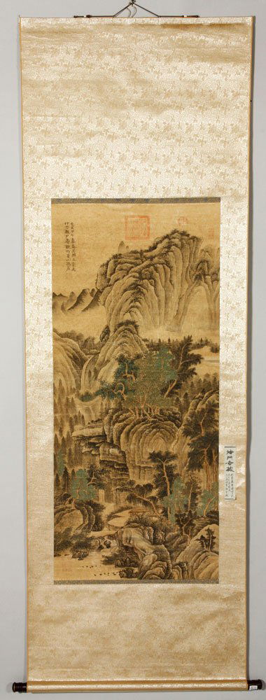 Chinese Scroll Painting: Chinese scroll painting, 20th century, ink and color on paper, signed Wang Meng, 50" h x 21" w.