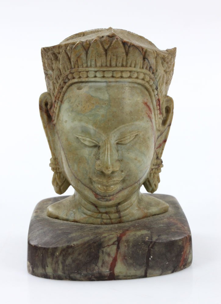 19th C. Thai Carved Soapstone Head: 19th century Thai carved soapstone head, 4 1/2" h. Provenance: The Estate of Former U.S. Ambassador Edmund Asbury Gullion.