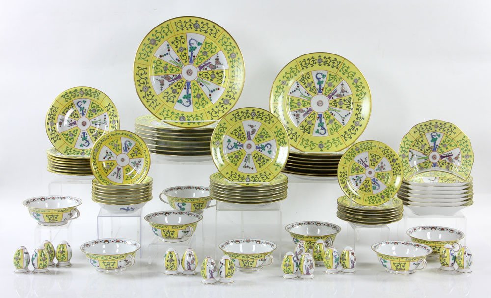 Herend "Yellow Dynasty" Dinner Service, 80 Pieces: Herend (Hungary), "Yellow Dynasty" dinner service, hand painted, porcelain, 80 pieces, to include: 8 plates 11" dia, 8 plates 10 1/4" dia, 8 plates 7 1/4" dia, 8 plates 6" dia, 8 crescent shaped bone 