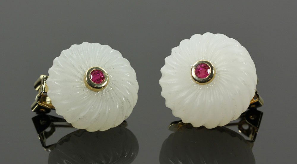 Pr. White Jade, Ruby and Gold Earrings (1 of 5)