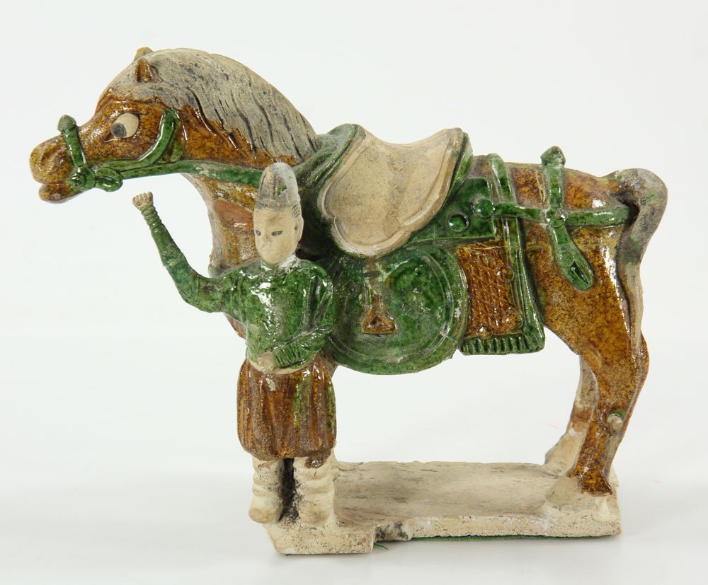 Chinese Ming Dynasty Glaze Horse with Groom: Chinese Ming dynasty glaze horse with groom, circa 1368-1643, 7 1/2" h x 9 1/2" w. Provenance: Personal Collection of Cheryl Burke From Sarasota, Florida.