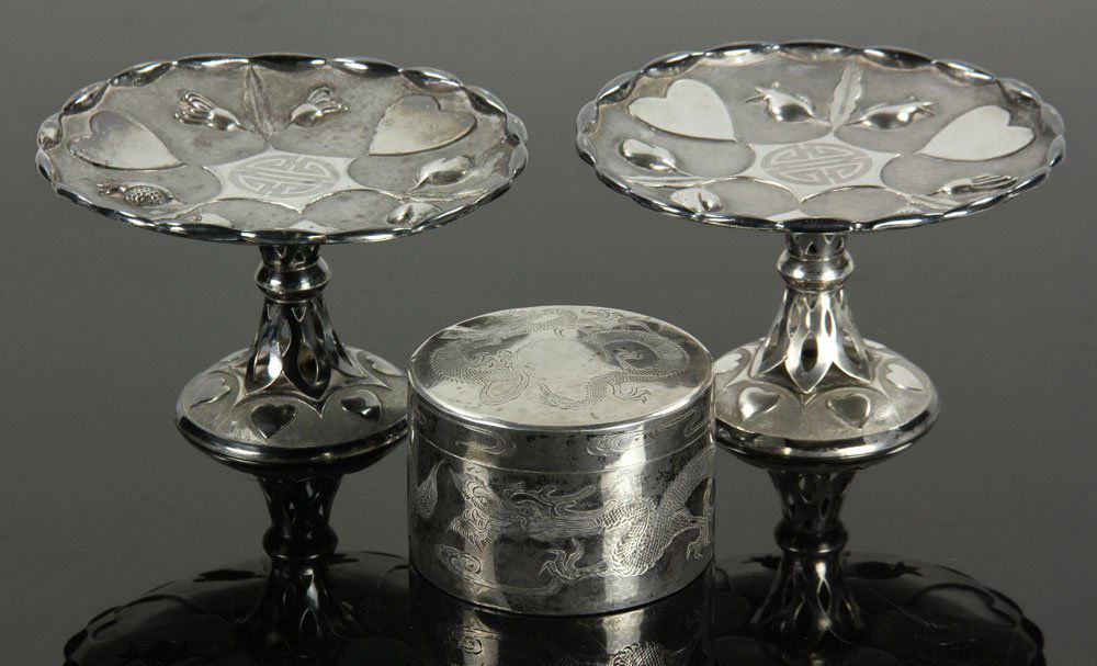 Pr. Chinese Silver High Foot Trays and Dragon Box (1 of 9)