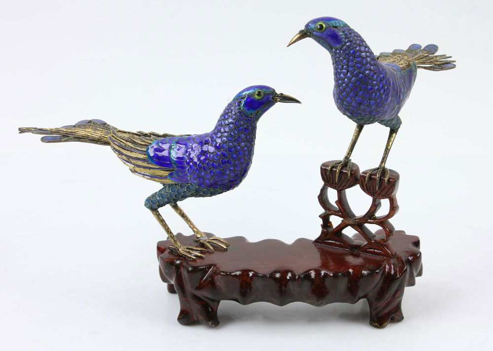 Chinese Blue Enameled Silver Birds on Stand (1 of 8)
