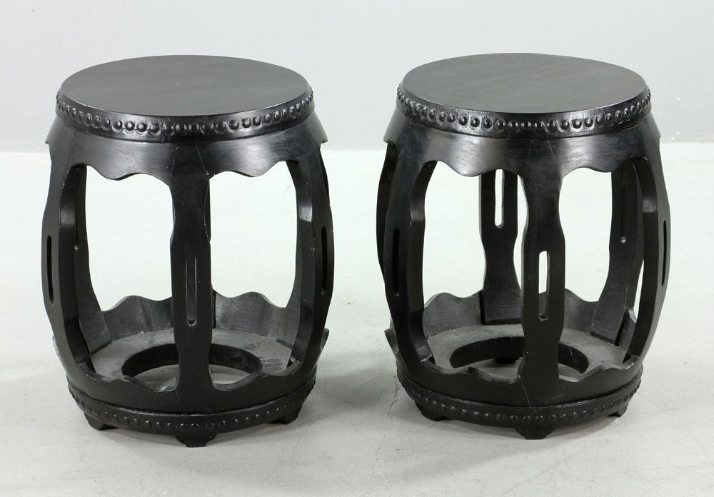 Pr. Chinese Black Lacquered Drum Stools (1 of 7)