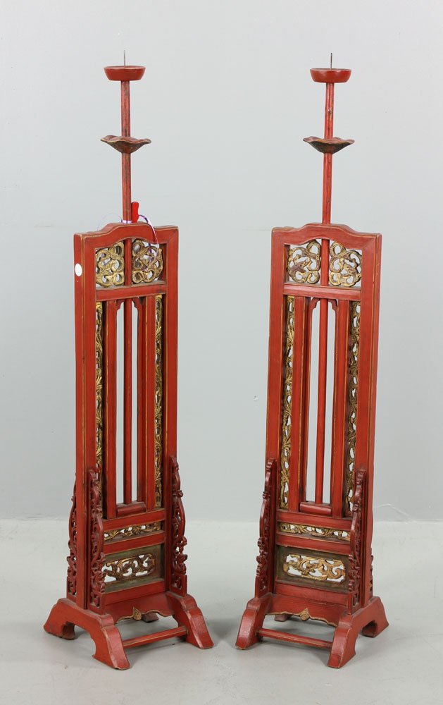 Pr. 19th C. Chinese Red Lacquered Candle Stands (1 of 8)