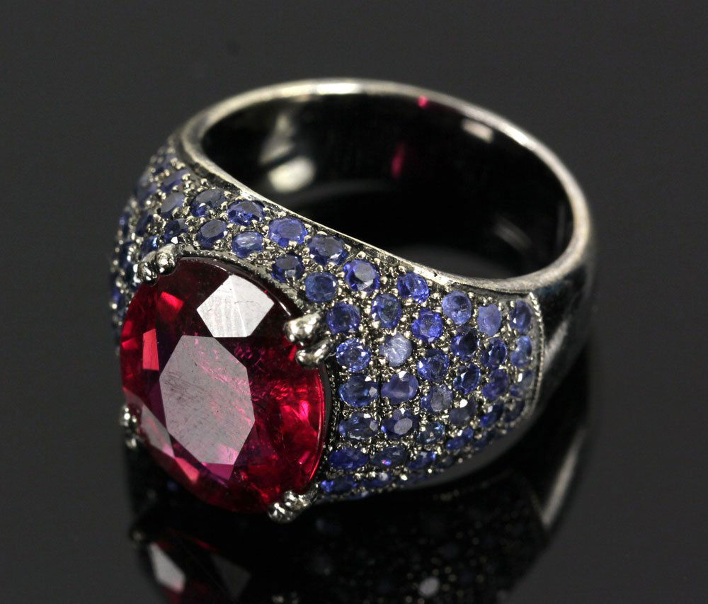 18K Gold, Sapphire and Red Stone Ring (1 of 6)