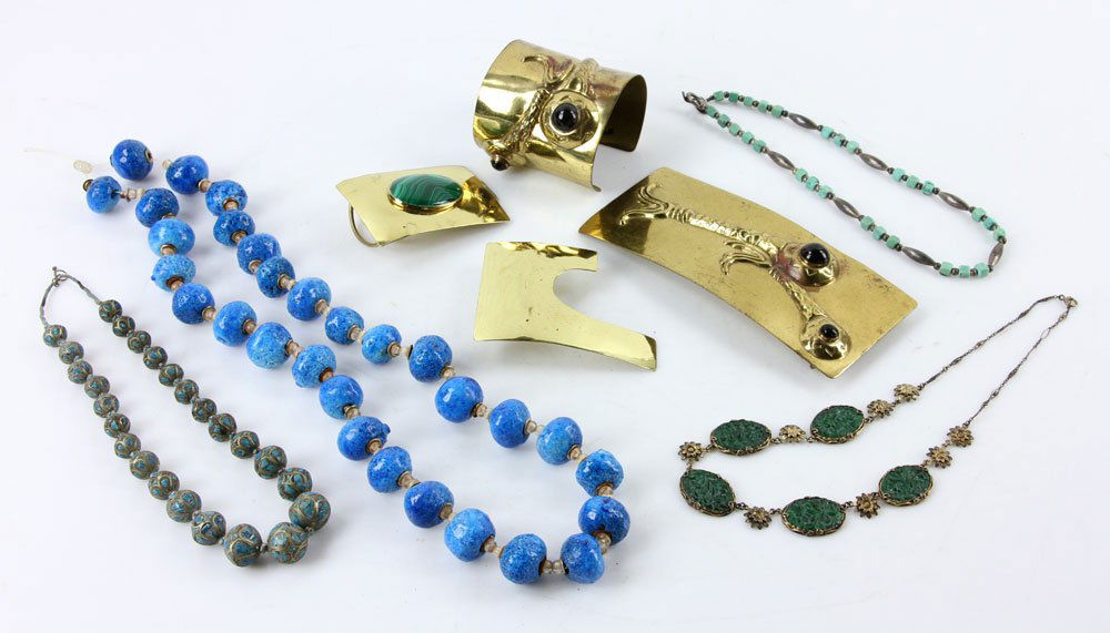 Lot of Costume Jewelry: Small lot of costume jewelry, to include signed Hubert Harmon fish belt buckle and fish cuff bracelet. Provenance: From a Florida estate.