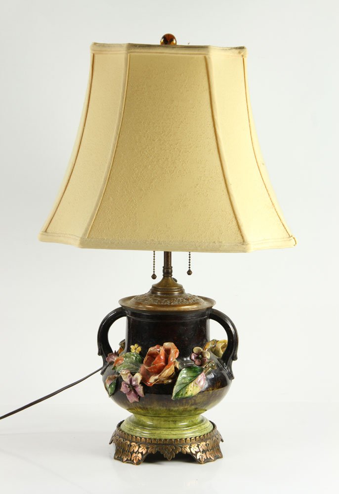 19th C. Amphora Style Majolica Urn/Lamp: 19th century amphora style handled urn converted to lamp, majolica, not drilled, 27" h. Provenance: From a Massachusetts estate.