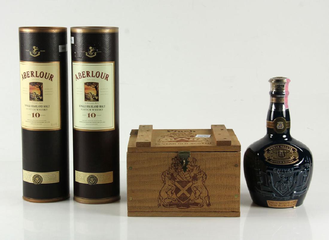 Four Vintage Bottles of Scotch: Lot of four vintage bottles of scotch, including two Aberlour (10 years), Pinch (12 years), and Chivas Brothers Royal Salute. Provenance: from the estate of a prominent Massachusetts surgeon.