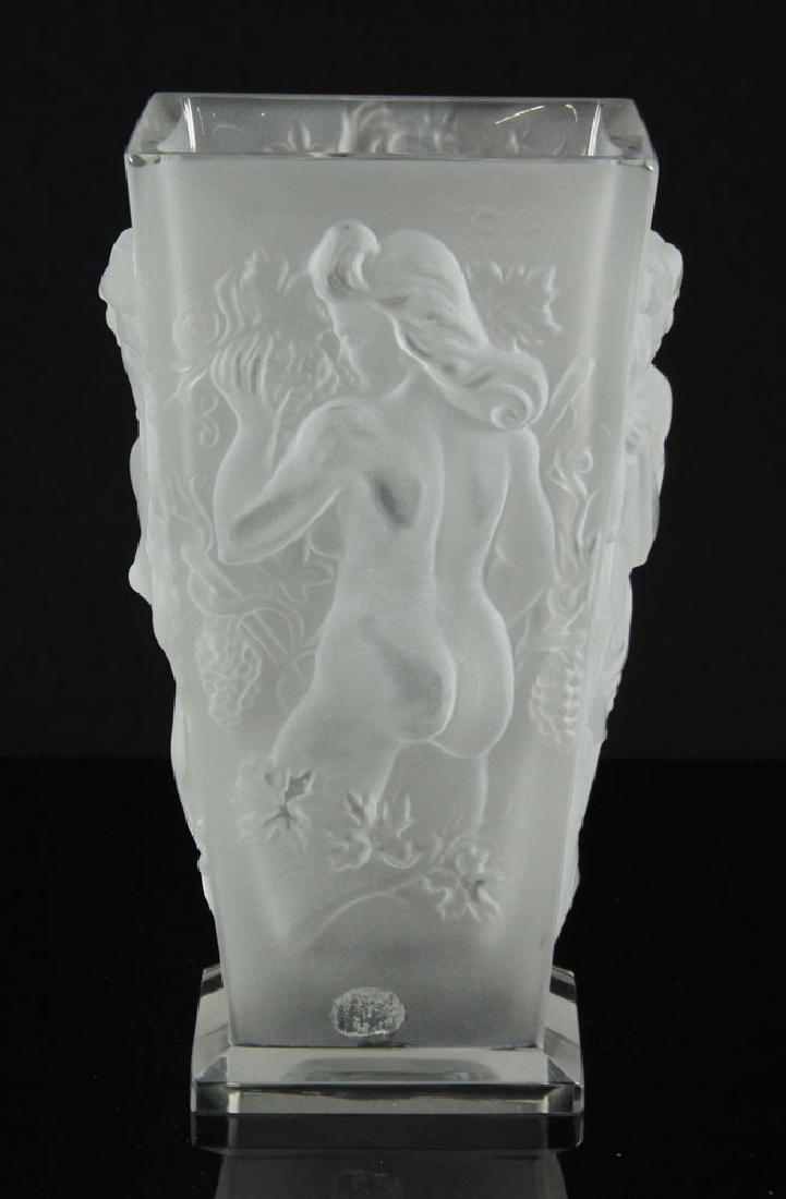 Czechoslovakian Frosted Glass Vase: Czechoslovakian rectangular vase, frosted glass, carved in relief with female nudes, created by artist Kurt Schlevoght and Frantisek Halams, 10 3/4" h. Provenance: From the estate of a prominent Massa