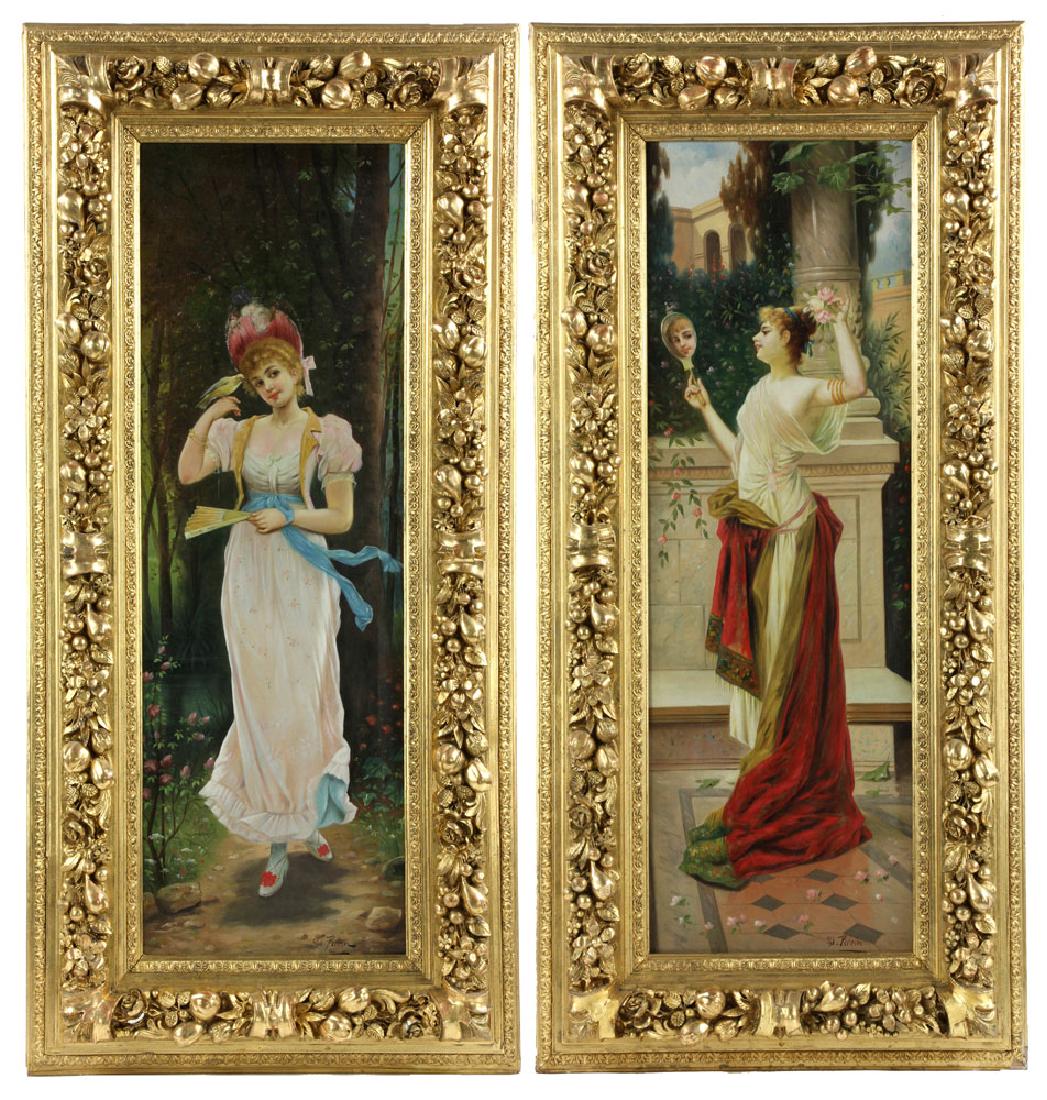 Pair Romantic Paintings, Oil on Canvas: Pair of romantic paintings, one of woman with hand mirror, the other of woman with bird, oil on canvas, in elaborately hand-carved gilt wood frames with fruit and floral motif, signed "Perrin," both 3