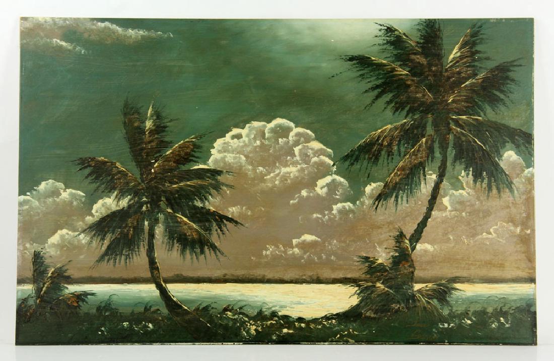 Gibson, Tropical Seashore, Oil on Board: James Gibson (American, 1938-), tropical seashore view, oil on masonite, unframed, 22 1/4" high x 35 1/2" wide. James Gibson is a noted Florida Highwayman artist. Provenance: from the lifetime collect