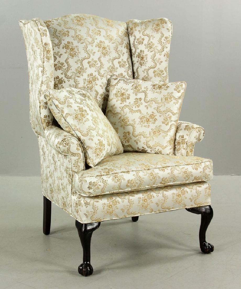 Floral Upholstered Armchair: Armchair, silk upholstery in floral vine design, on front ball-and-claw feet, having two pillows, 44 1/2" high x 31 1/4" x 25 1/4" deep. Provenance: from a La Jolla, California estate.