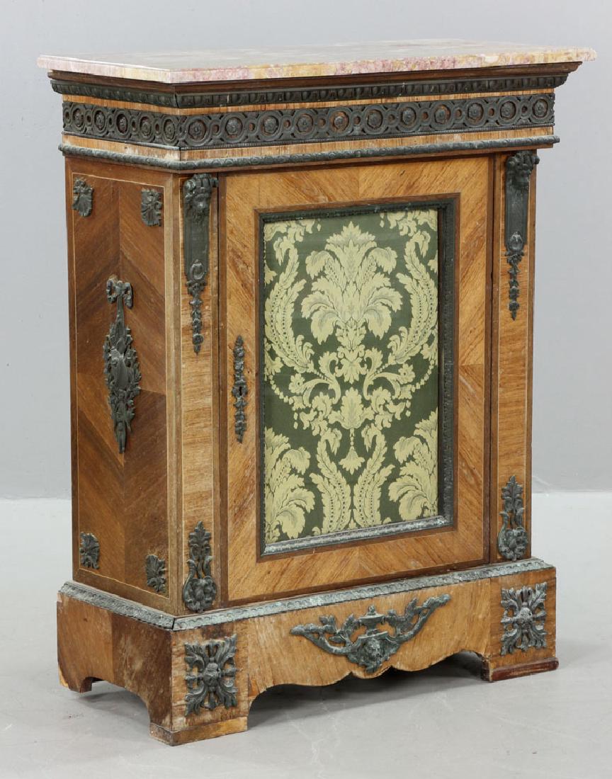 19th C. French Marble Top Cabinet: French cabinet, 19th century, with ormolu mounts and marble top, 39 1/2" h x 31" w x 14" d. Provenance: From the Belvedere Guest House, Fire Island, New York.