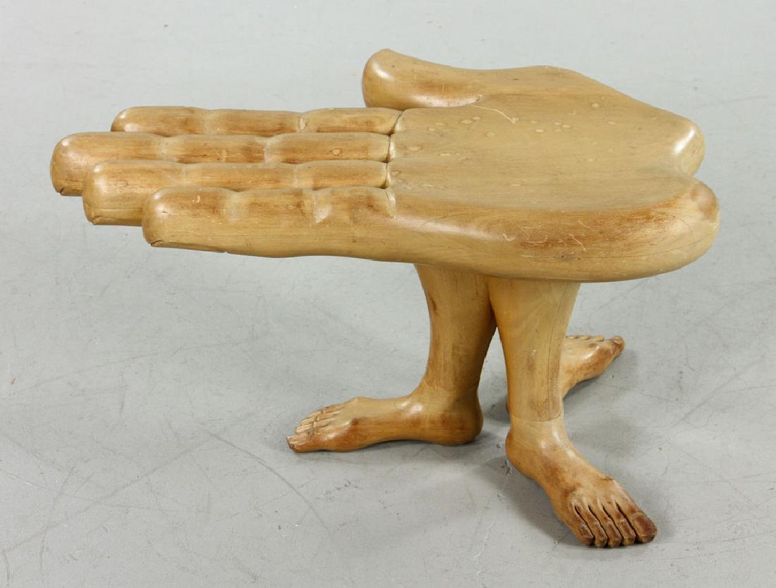 Friedeberg Hand Foot Chair: Pedro Friedeberg (Mexican, 1937-), sculptural hand foot chair, mahogany in original finish, having three feet on base, signed by the artist under one foot, 18" high x 22" wide x 33" deep. Friedberg ha