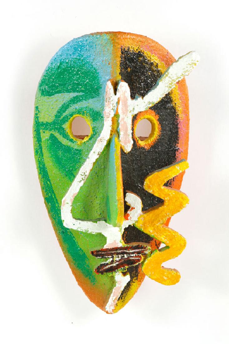 Gerstein Painted Wood Mask: David Gerstein (American, b.1944), mask, painted wood, signed verso "D. Gerstein 1989", 11" x 7" x 6". Provenance: From a Massachusetts estate.