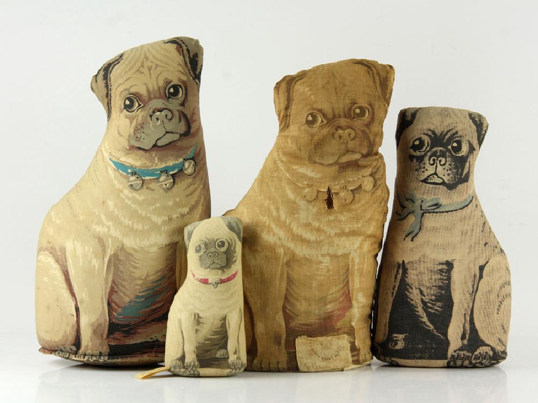 Four Toy Works Pugs: Four plush pug pillows, painted fabric, from "The Toy Works," one marked 1892, 14" high (tallest). Provenance: purchased from the estate of the Duke and Duchess of Windsor, thence from the lifetime co
