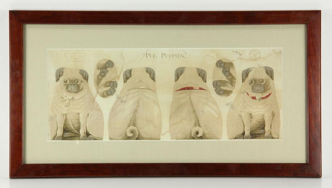 "Pug Puppies" Pillow Pattern: "Pug Puppies" pug-form pillow pattern, printed linen, with inscribed instructions on how to make "Pug Puppies," having cartouche for Arnold Print Works, North Adams MA, 8 1/4" high x 21" wide (view), 