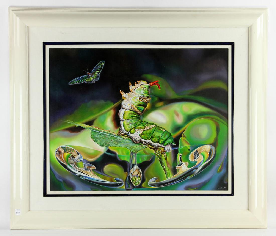 Schilling, "Caterpillar Soup," Acrylic on Canvas: Dan Schilling (American, 20th century), "Caterpillar Soup," acrylic on canvas, signed and dated 1978 by the artist, 24" high x 30" wide (frame). To include Letter of Value from Kona Inn Shopping Villa