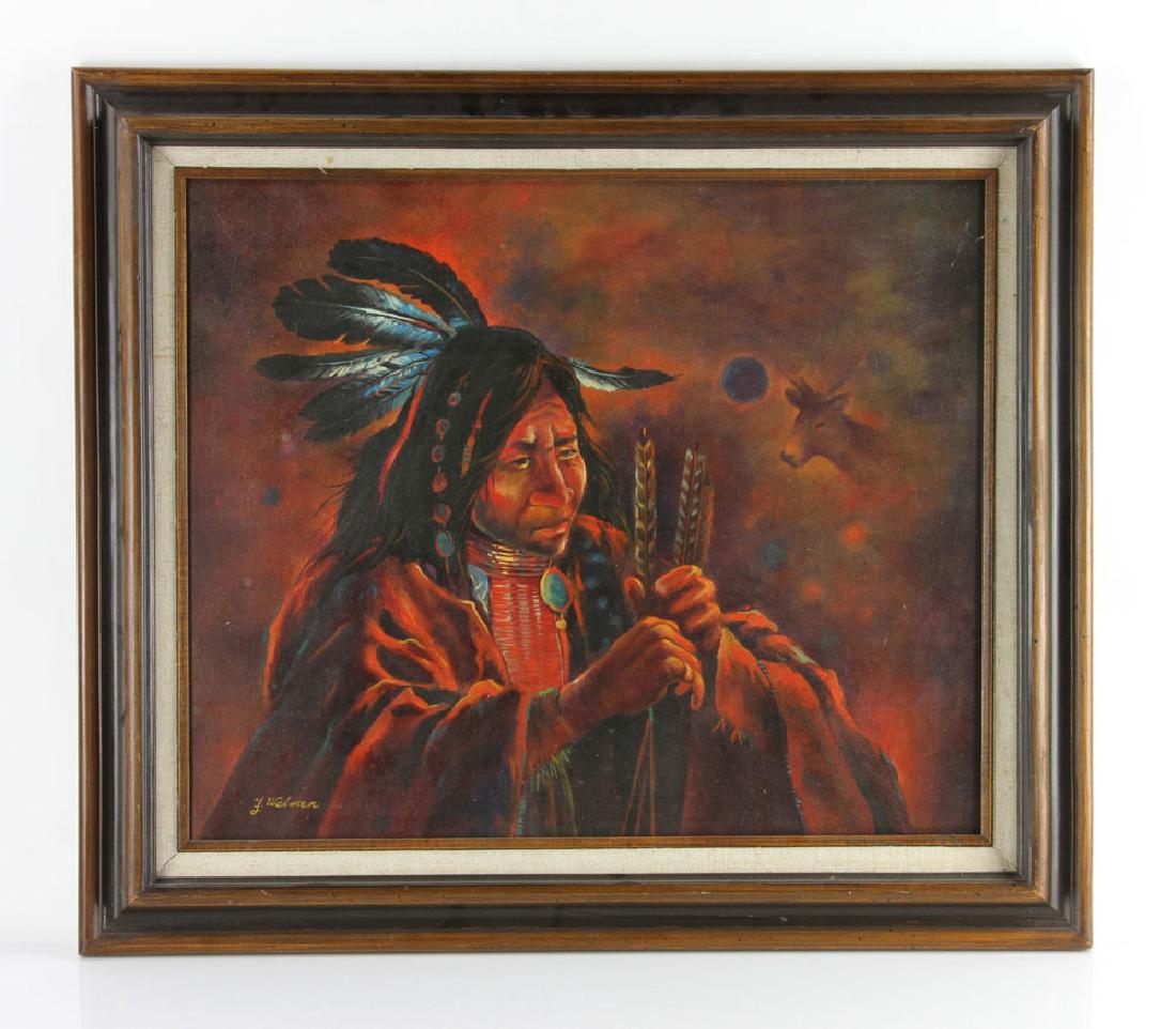 Wellmen, Portrait of Chief, Oil on Canvas: Y. Wellman, portrait of a Native American chief, oil on canvas, signed, 20" high x 23 1/2" wide (view), 26 1/2" high x 30" wide (frame). Provenance: from the personal collection of Larry and Joy Redma
