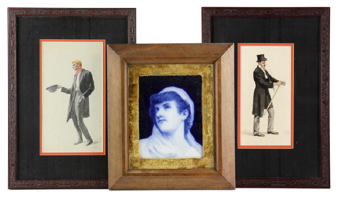 Lot of English Decorative Objects: Group of English decorative objects, including two portraits of gentlemen, watercolor, signed "K. Woleut," and one plaque, porcelain, 8 3/4" high x 4 1/2" wide (largest). Provenance: from the personal
