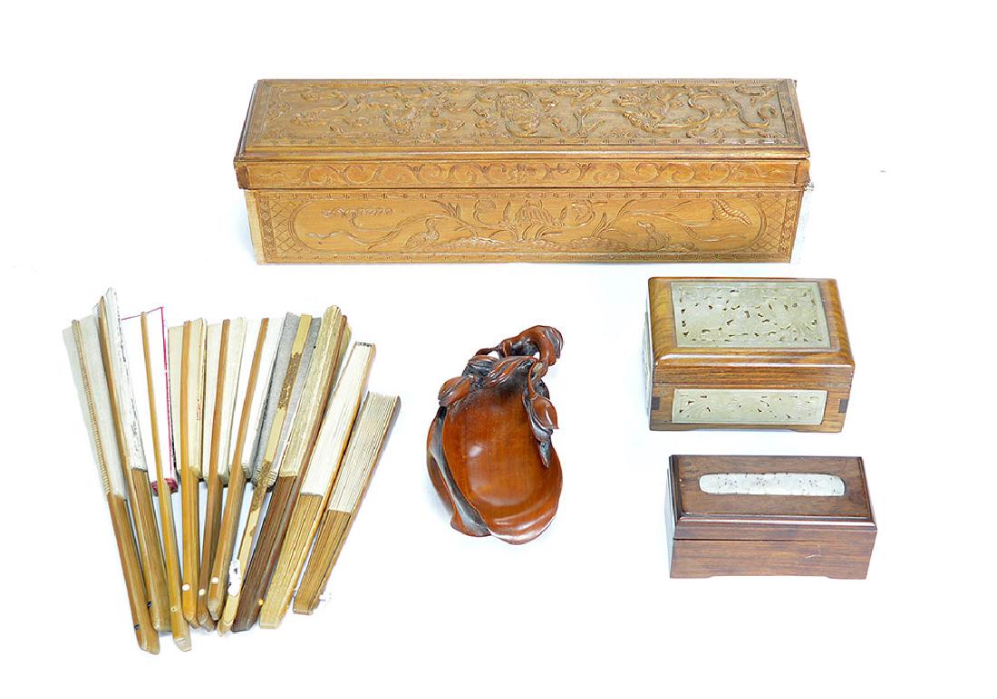 Group of Chinese Carvings: Group of fine Chinese carvings and fans, along with two boxes with jade inlay, brush washer and one gilt bronze bear figure, 4 1/4" h x 16" w x 4 1/4" d (largest); largest missing one piece.