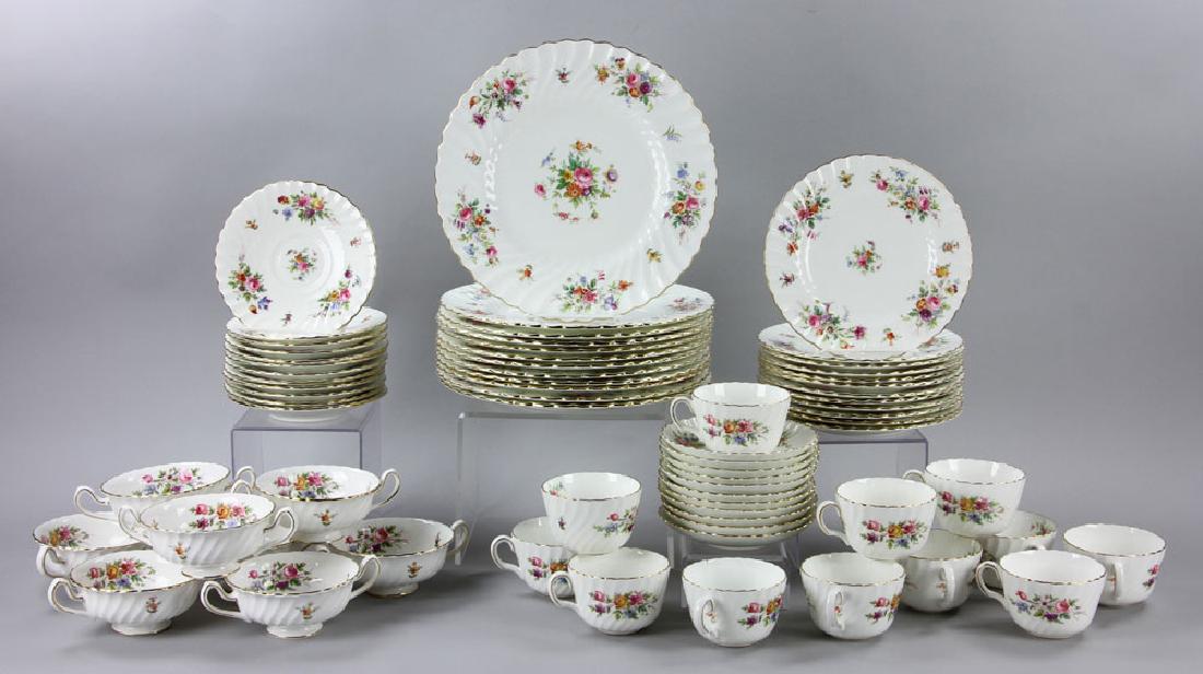 Minton China Service for 12: Minton china service for twelve, "Marlow" pattern, each setting to include: dinner plate, luncheon plate, cream soup and teacup with saucer. Provenance: From a Swampscott, Massachusetts estate.